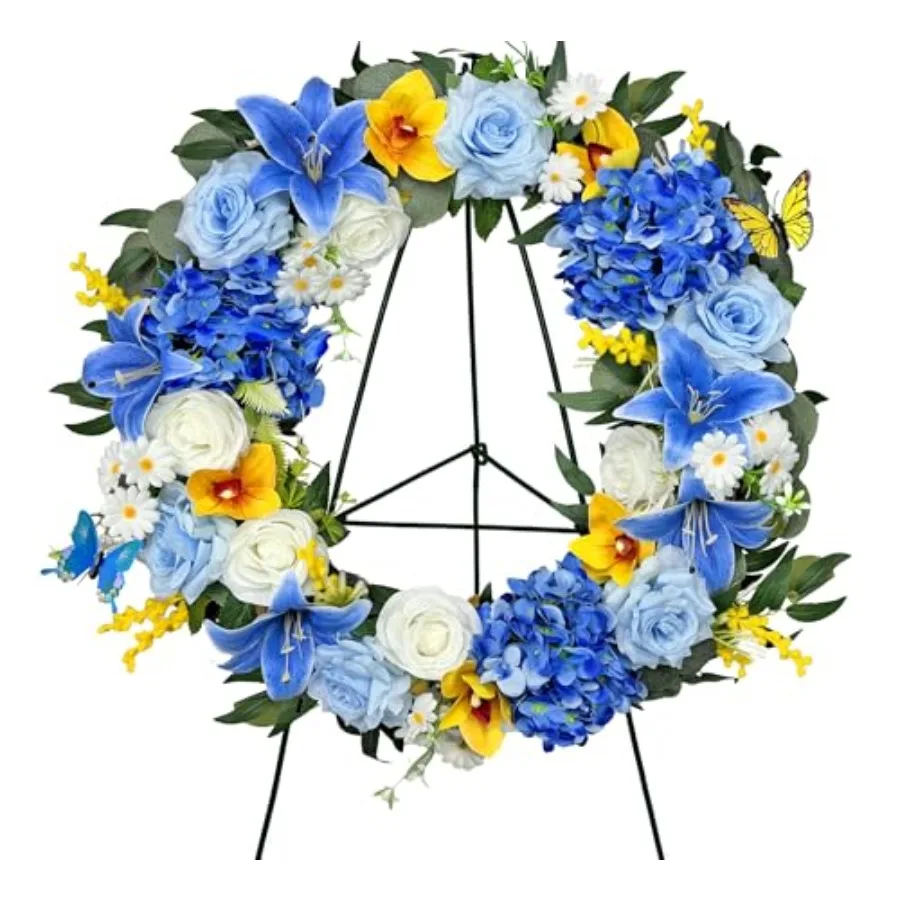 

Cemetery Wreath with Grave Holder, Artificial Flower Wreaths for Gravesit Decoration for You Loved Ones, Blue Rose Yellow Cemet