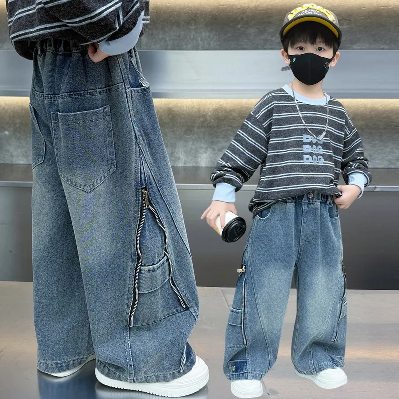 Kids Boys Handsome Wide Leg Denim Pants Jeans Trendy Cool Children's Autumn Spring Street Style Trousers with Side Zipper Design