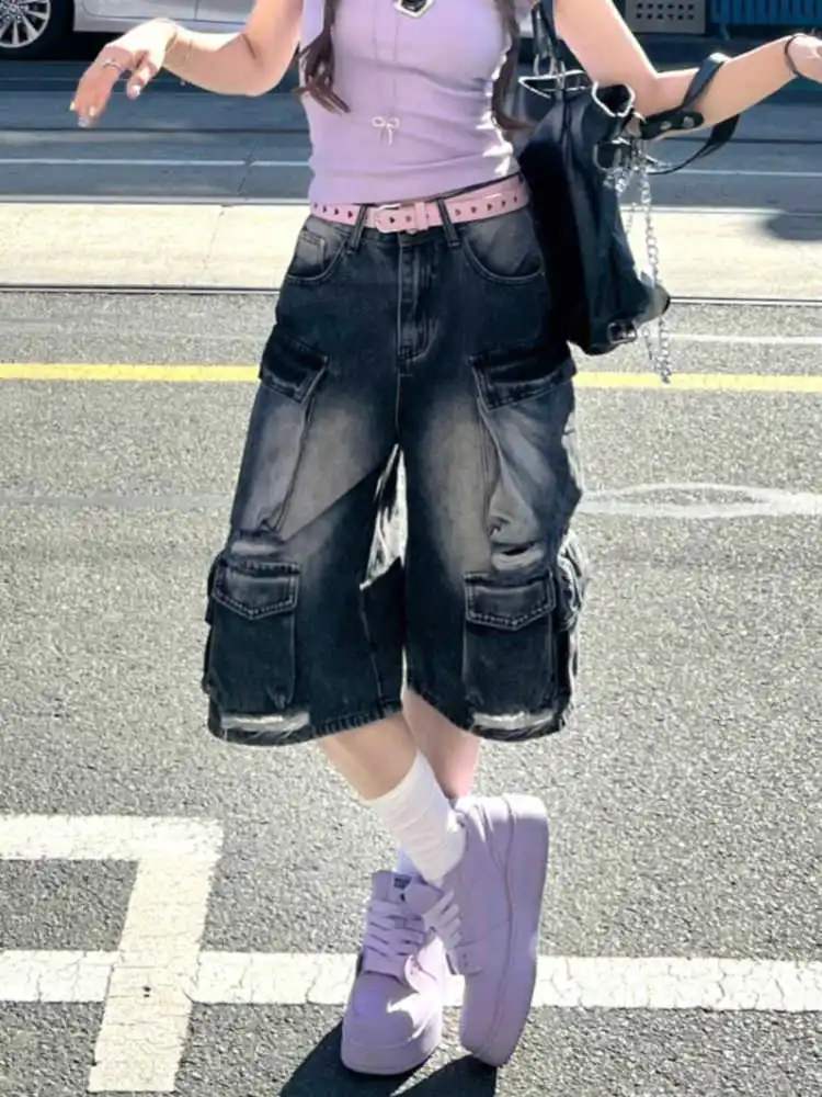 

2026 Summer Women Jorts Cargo Jeans Shorts Japanese Y2K Goblin Core 2000s American Retro Knee Length Denim Pants Grunge Tide New