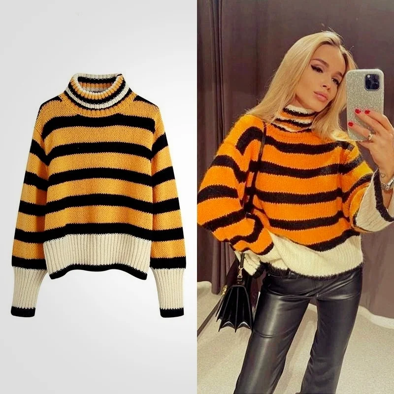 Femme Fashion Warm Winter Large Outline Casual Half High Neck Loose Knit Sweater Women's Cropped Sweater Orange Striped Pullover