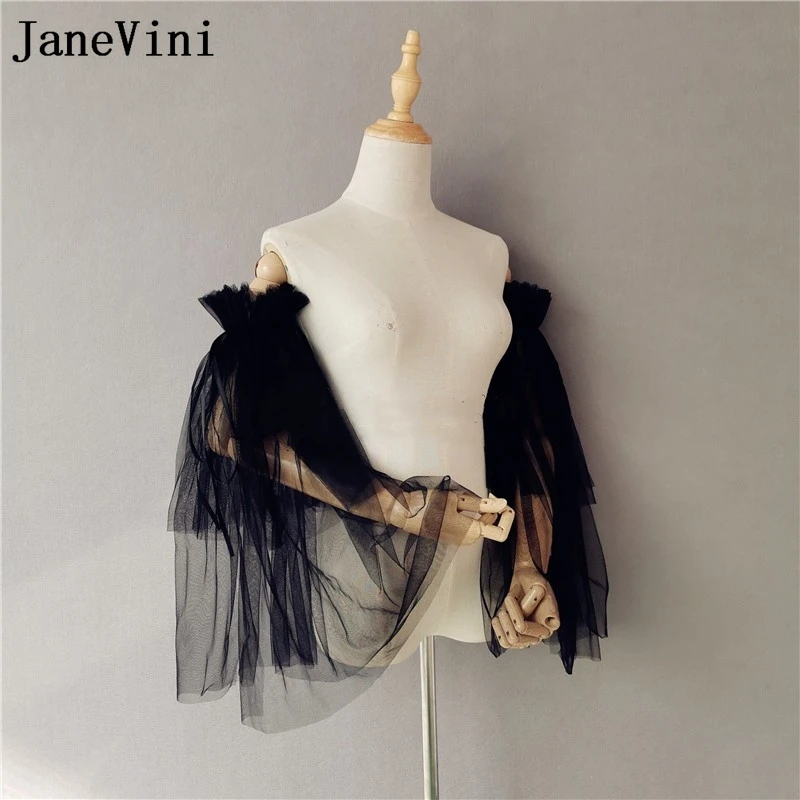 JaneVini-Bolero de malla de tul negro para novia, chaqueta de boda desmontable hacia arriba y hacia abajo para vestido de novia, envolturas de Chal