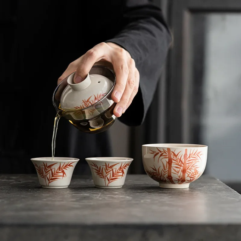 Handmade Travel Tea Set Portable Small Set Quick Guest Cup Ceramic Cover Cup Tea Cup Outdoor Tea Brewing Machine Flower Designer