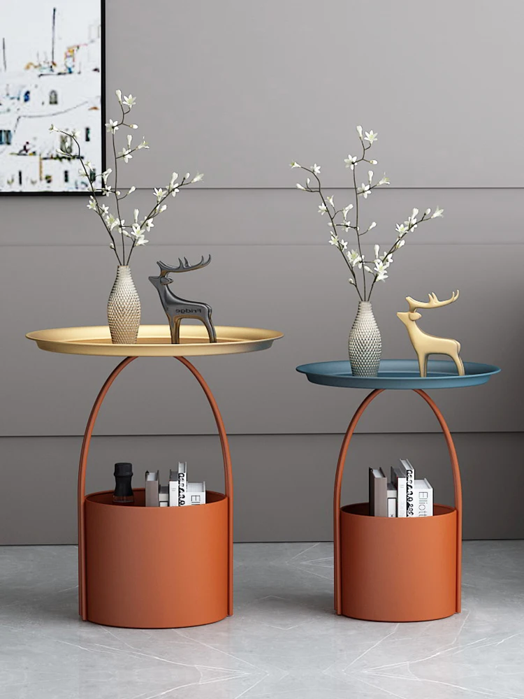 

Nordic side simple storage small coffee table, modern light luxury sofa, creative round table