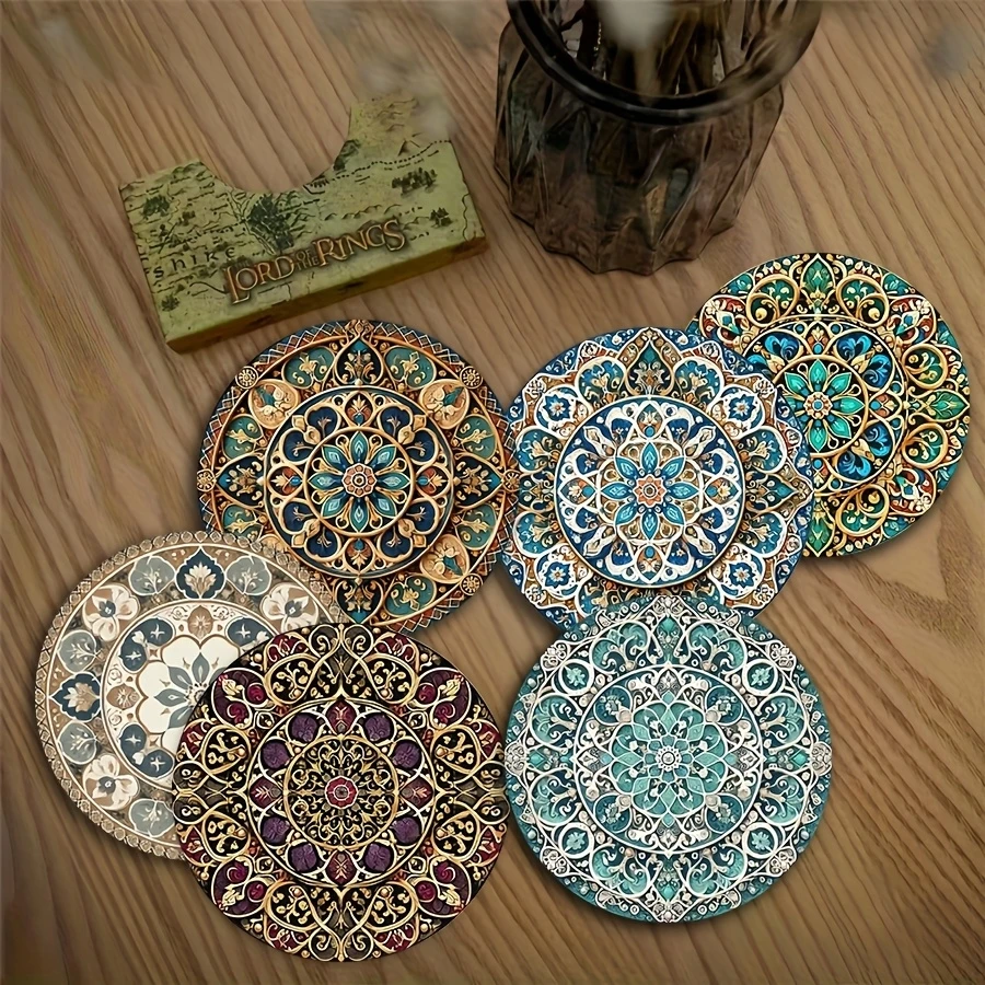 2D Retro marokkanisches Mandala-Design Holzuntersetzer-Set 4 Zoll heiße Kaffeetassen Küche Esszimmer Party dekoratives Tischzubehör