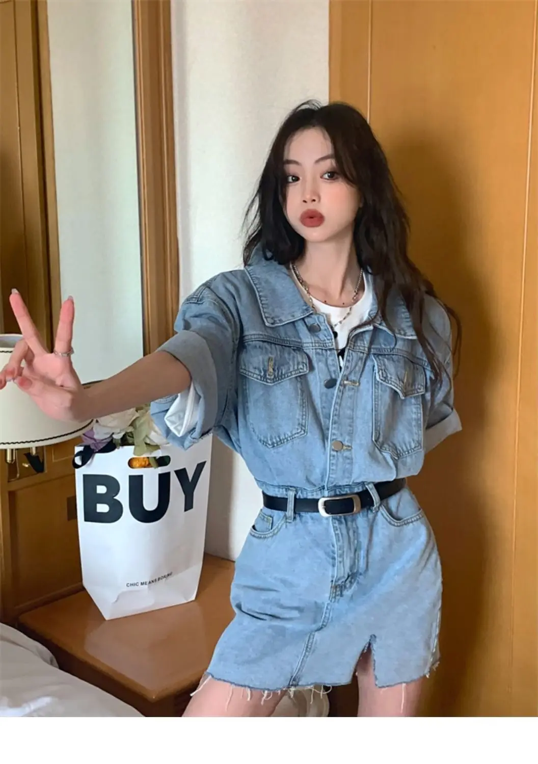 

Korea Cowboy Dress Free Belt Women Summer Solid Denim Trendy Leisure High Waist Pockets Buttons Stylish Rompers Cargo Style Slim