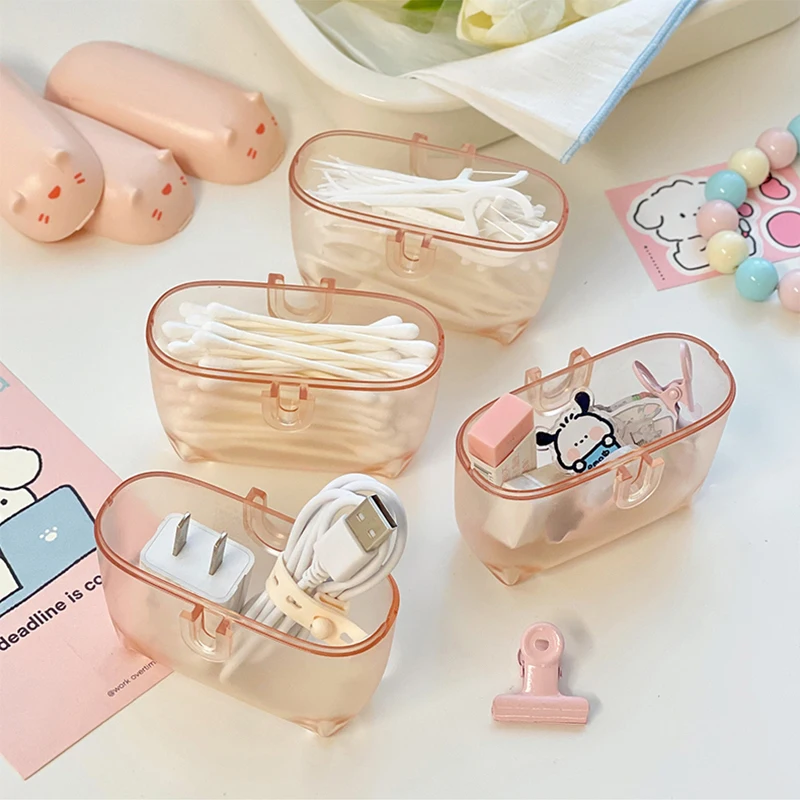 Kawaii Cat Cable Organizer Plastic Cute Desk Organizers Frosted  Mini jewelry Hairpin Portable Travel Desk Storage Box With Lids