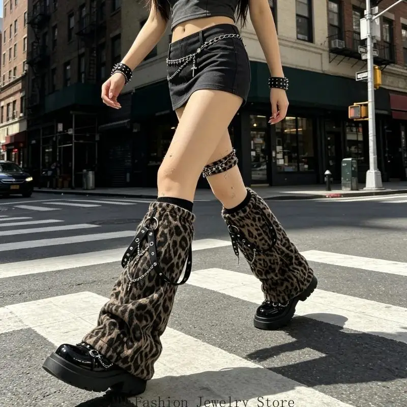 Statement Animal Print Leg Sleeves with Full Layered Folds and Contrasting Black Strap and Chain Accents D0UB