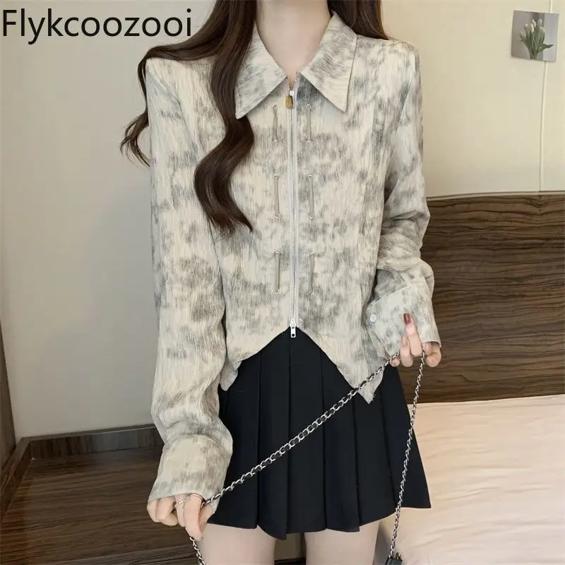 

Plus Size Printed Polo Neck Zipper Long Sleeve Shirt Women Straight Slim Blouse Autumn Retro Elegant Exquisite Top Streetwear