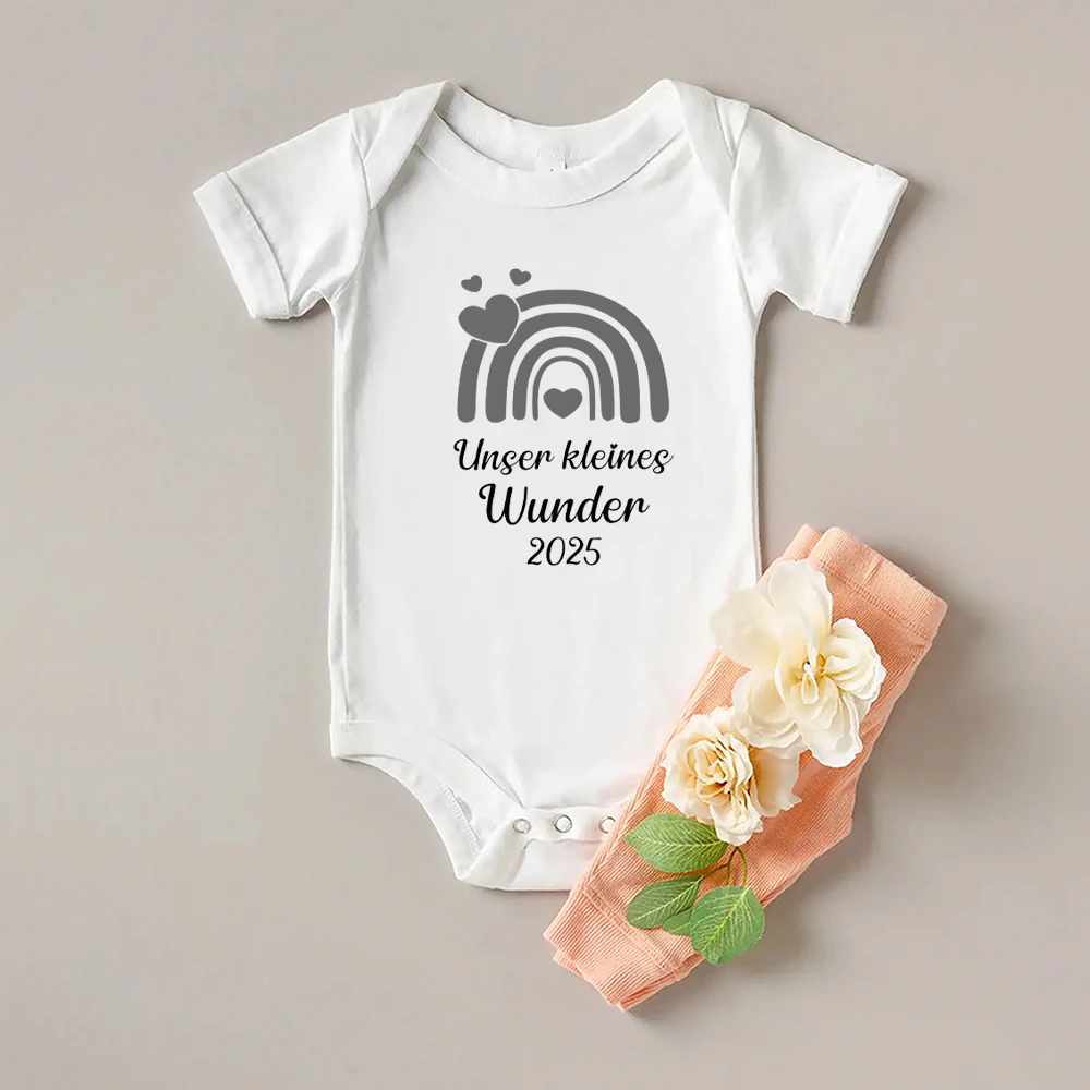 Our Little Miracle 2025 Print Baby Romper Short Sleeve Casual Infant Bodysuit Pregnancy Announcement Jumpsuit Newborn Birth Gift