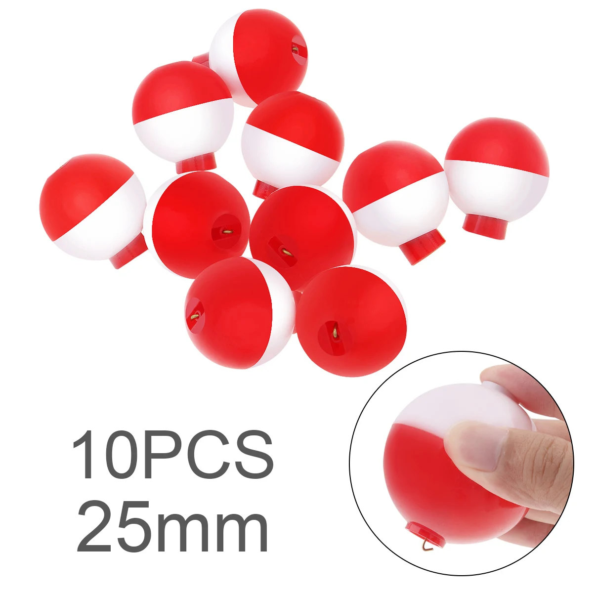 

10pcs/lot 25mm / 0.98inch Fishing Bobber Floats Set Hard ABS Snap on Red White Push Button Round Buoy Small Size