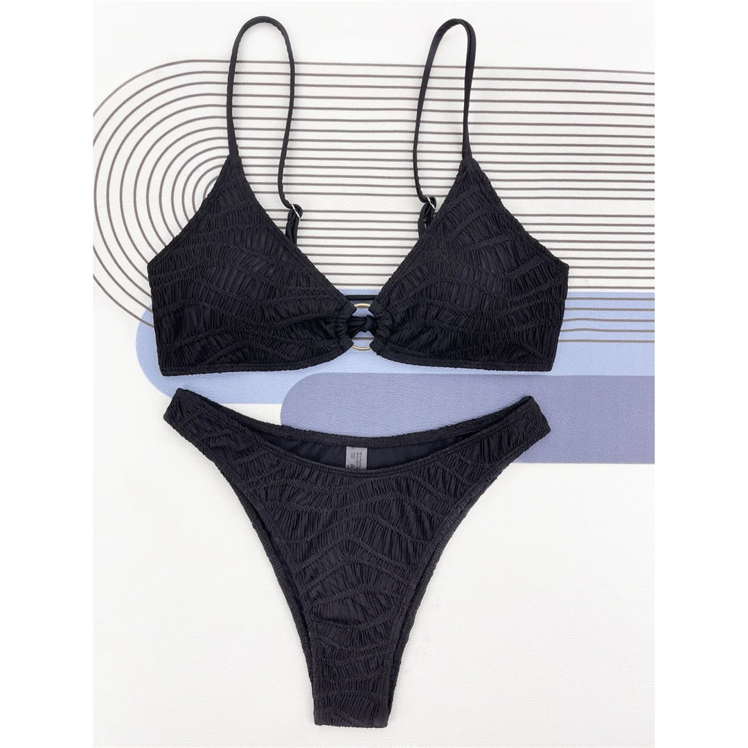Bikini mit Faltenmuster-Metallring, mittelhoher Bund, Damen-Badeanzug, zweiteiliges Bikini-Set, gepolsterter Badeanzug, Badebekleidung, Modell V4567. – Detail 23