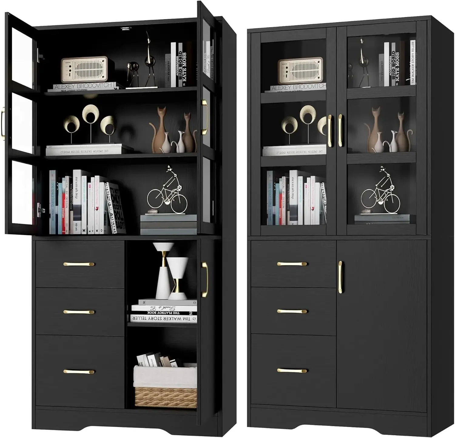 Tall Storage Cabinet with Glass Display Cabinet Doors & Shelves & 3 Drawers, 67”H Kitchen Pantry Cabinet with Gold Handle, Moder