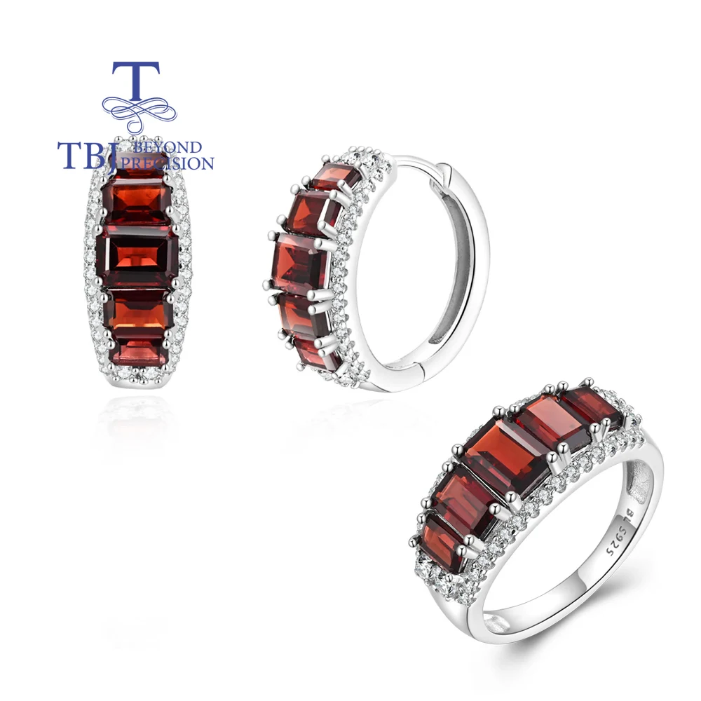 

925 sterling silver ring clasp earrings Natural octagonal garnet real gemstones jewelry set for women's Valentines Banquet gifts