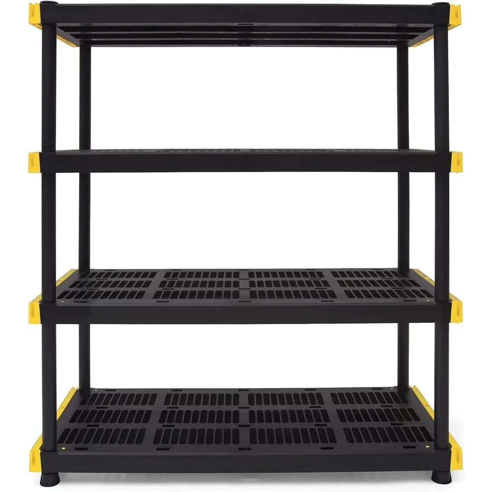 Black & Yellow 4-Tier Heavy Duty Plastic Storage Shelving Unit, 200lbs/shelf (55”H x 48”W x 20”D), Indoor/Outdoor Organization