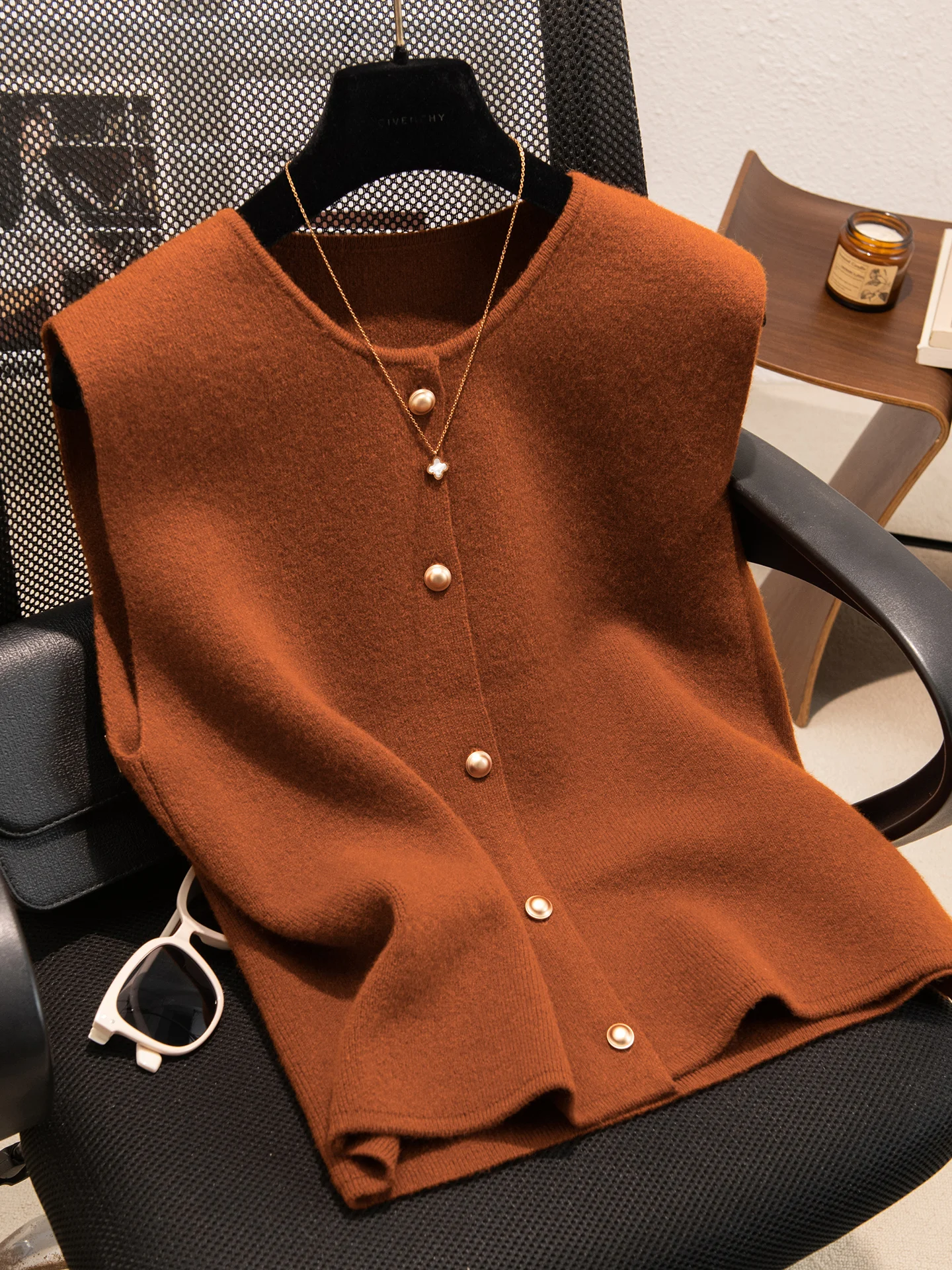 Reine Wolle Gestrickte runde Ne Svel Weste frauen Taste Strickjacke Schichtung Große Größe Kamere Vielseitig Pullover Casual Sle