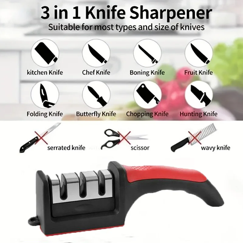 Knife Sharpener 3-Stage Quick Sharpener Multifunctional Knife Sharpener with Non-Slip Base Handheld Kitchen Knife Accessories