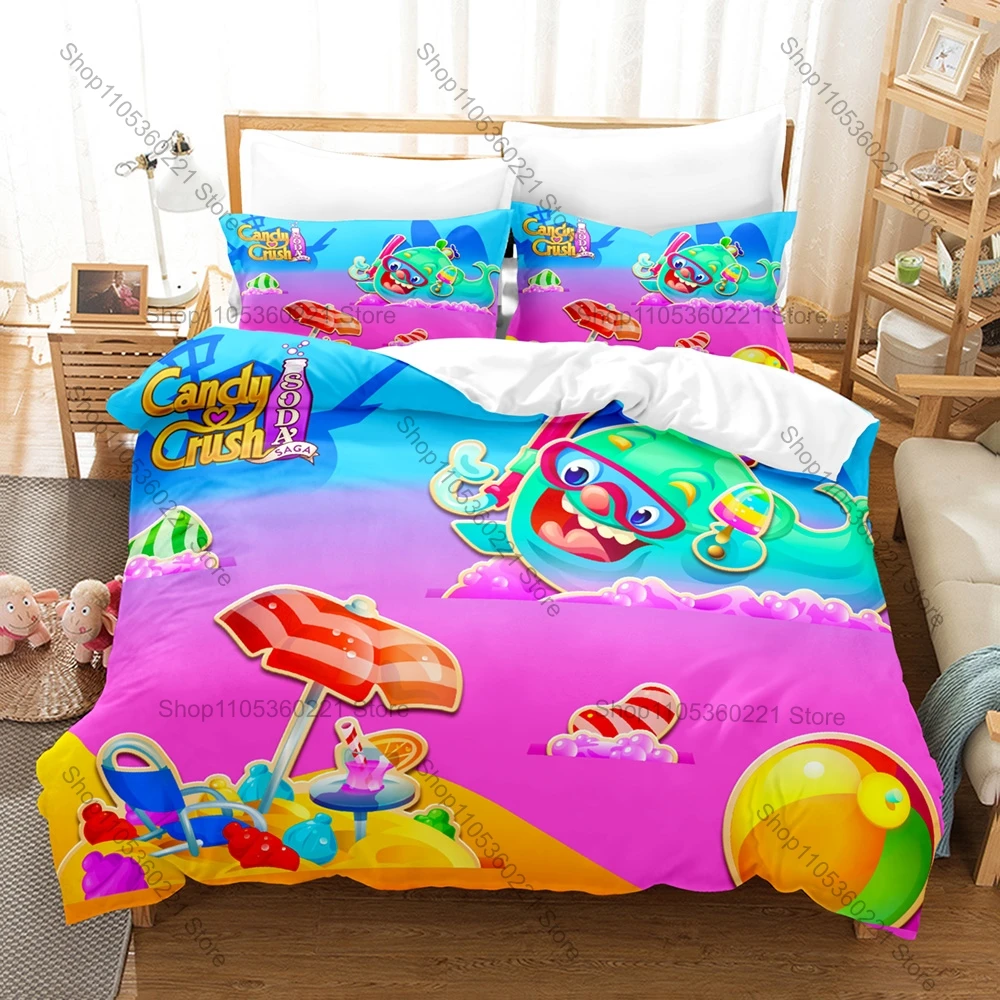 Candy Crush Soda Saga Match 3 Game Candy Bear Cartoon 3D Print Bedding Set Duvet Cover + 2 Pillowcases Soft Polyester Bed Linen
