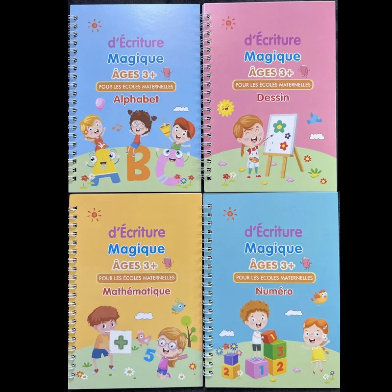 4pcs French Magic Practice Copybook Pen Preschools Kids Calligraphy Notebook Children Reusable Français Writing Book Age 3-8