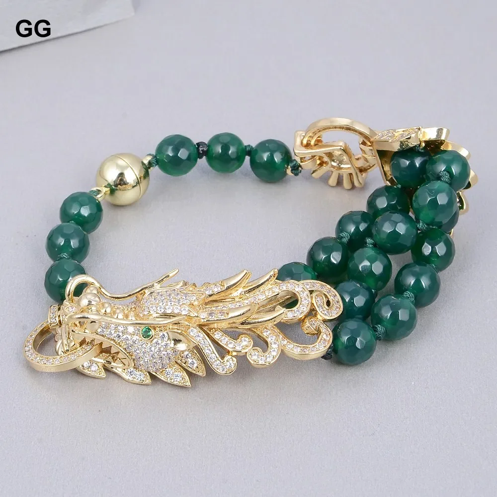 

GG Natural Green Agate Round Faceted Beads CZ Paved Dragon Connector Bracelet For Women