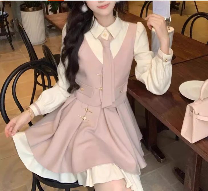 الخريف الشتاء حجم كبير الحلو وهمية قطعتين سميكة الربط فستان لطيف فتاة تنوعا الحد من العمر كلية لوليتا فساتين