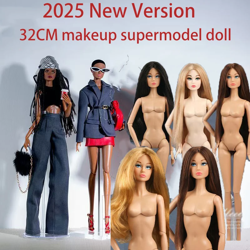 

2025 Новая супермодель с длинными волосами, обнаженная кукла 1/6, белая/пшеничная кожа, 32 см, подвижная кукла, макияж, наряд, игрушки, коллекционные подарки