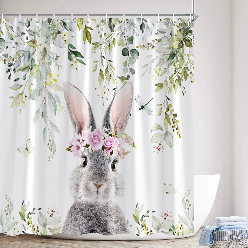 Rustic Leaves Shower Curtains Watercolour Plant Pink Flower Bunny Easter Bath Curtain Polyester Fabric Bathroom Decor with Hooks