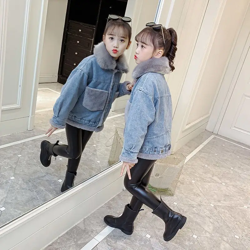

2023 New Teens Girls Winter Autumn Denim Jacket Girls Long Sleeve Tops Kids Plush Jean Coat Fashion Khaki Pink Velvet Outerwear