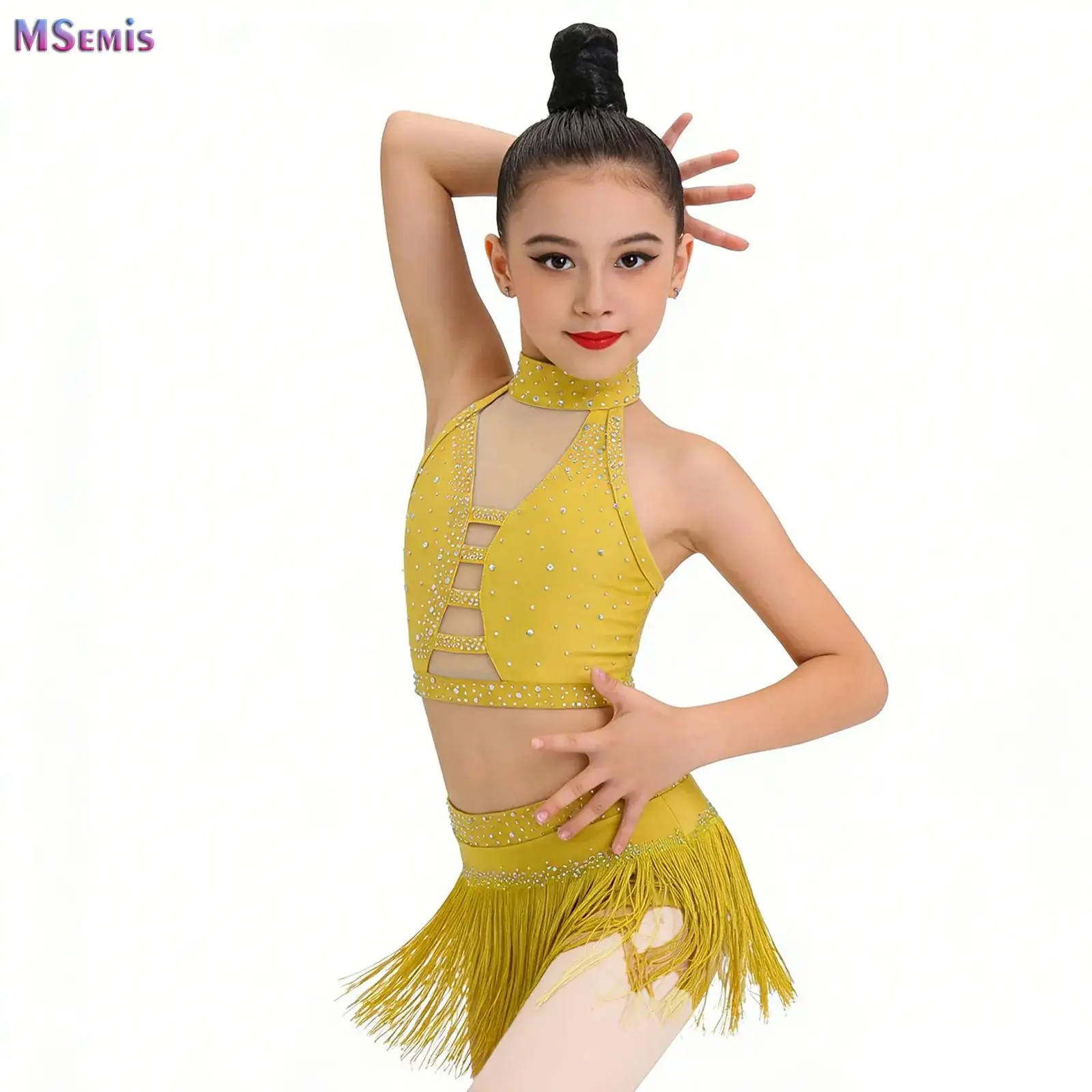 

Kids Latin Dance Clothes Set Girls Tassel Crop Tops Skirts Cha Cha Rumba Samba Dance Practice Perform Costume Competition Wear