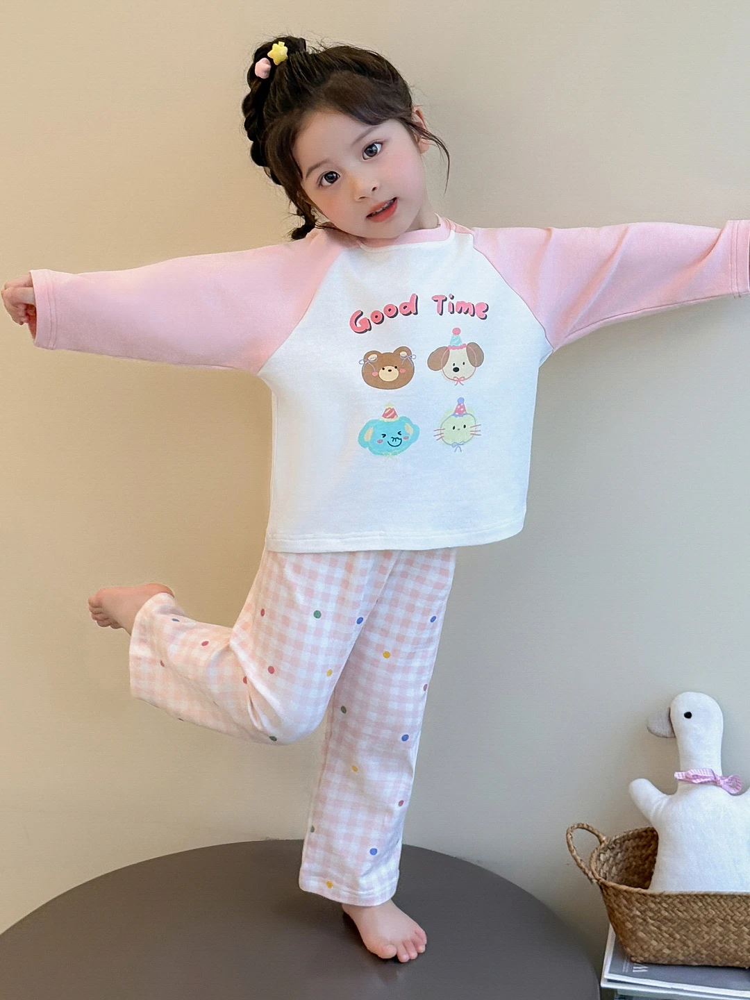 

Girls' Cotton Pajamas Long Sleeve Home Clothes Set Plaid Polka Dot Pants Spring Autumn New Arrival Kids' Cartoon Sleepwear
