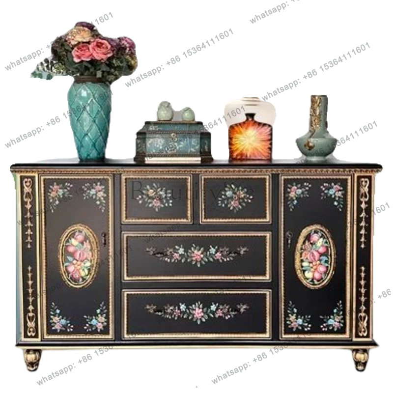 

New Chinese solid wood porch cabinet painted flower and bird retro bedroom drawer storage cabinet