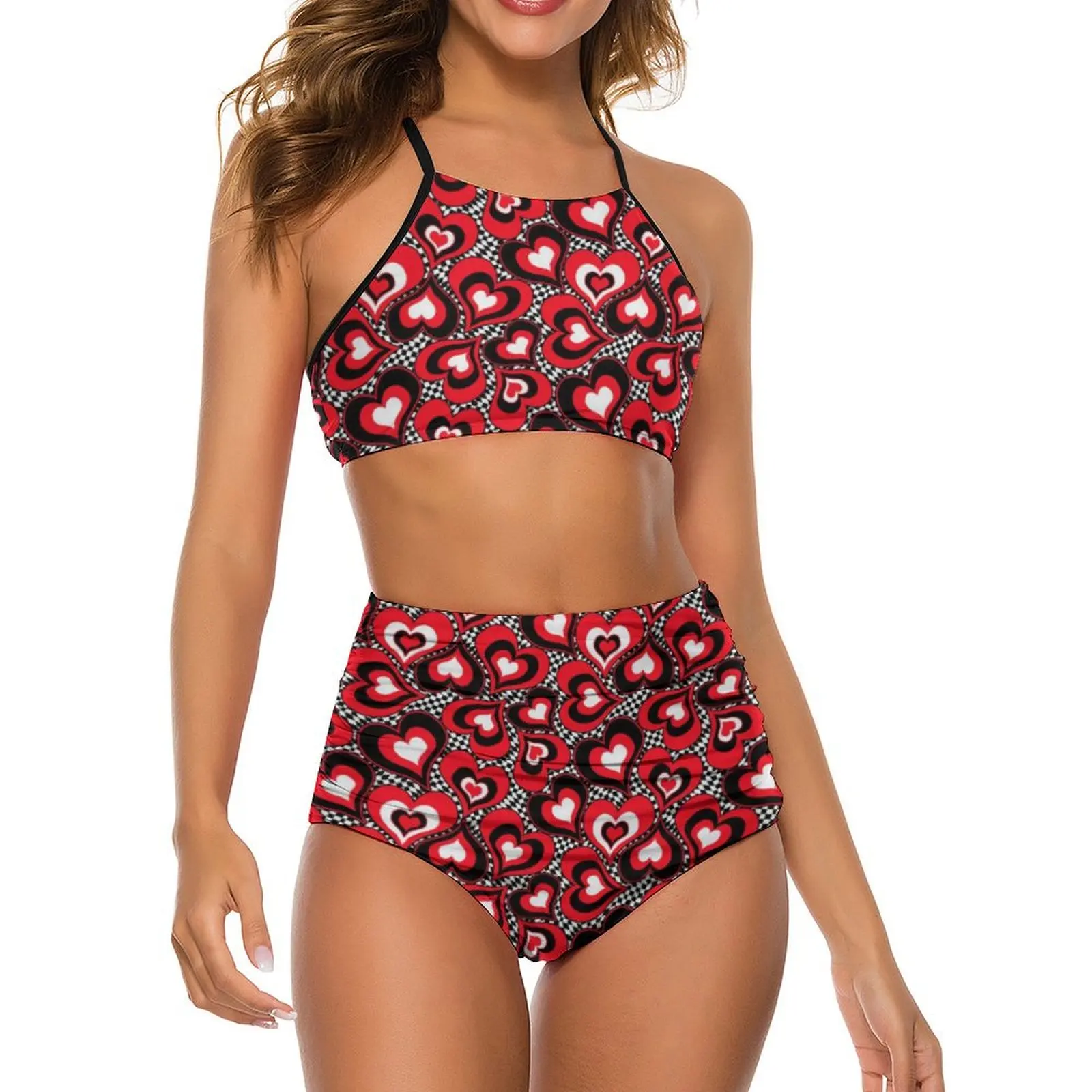 

Love Heart Bikini Swimsuit Red White Holiday Design High Waist Swimwear Women Sexy Sweet Bikini Set Push Up Feminine Bikinis