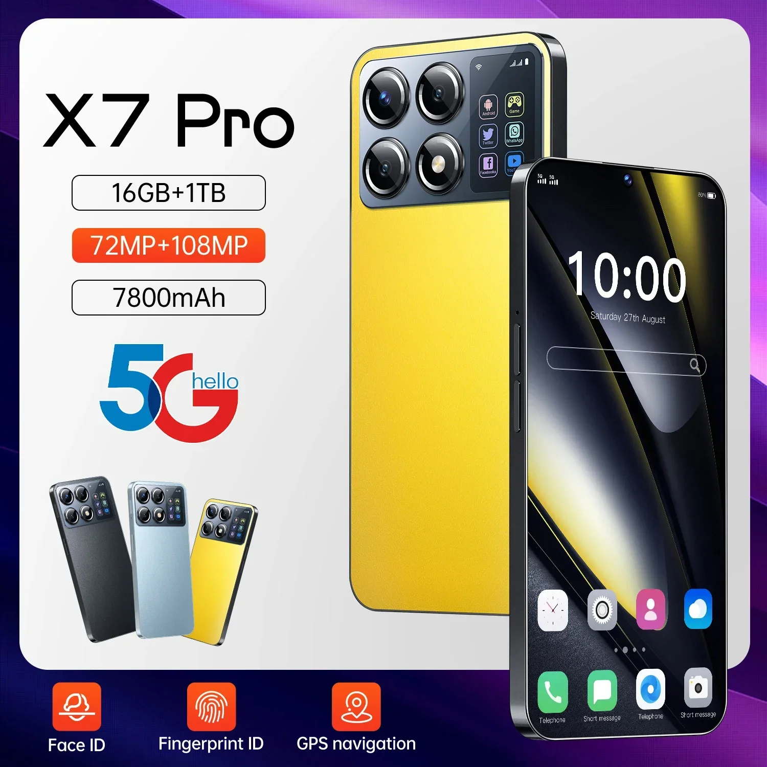 

2024 New X7 Pro Cell Phone 7.3 HD Screen SmartPhone 16G+1T 5G Dual Sim Celulares Android Unlocked 108MP 7800mAh Mobile Phones