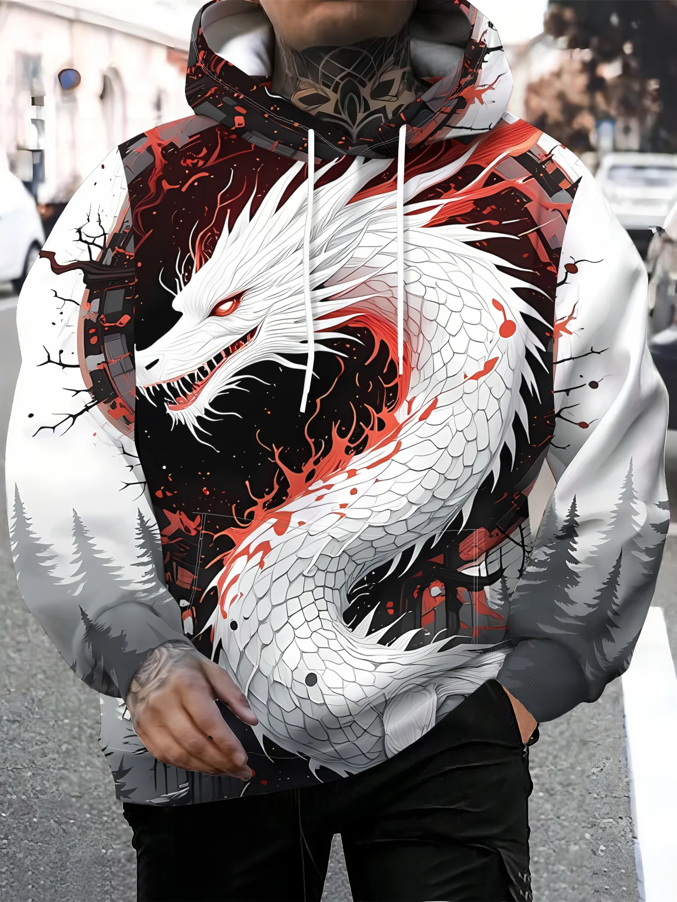 Men's Hoodie Autumn 3D Print White Dragon Forest Ink Splash Art Pullover Streetwear Casual Sweatshirt Men Clothing