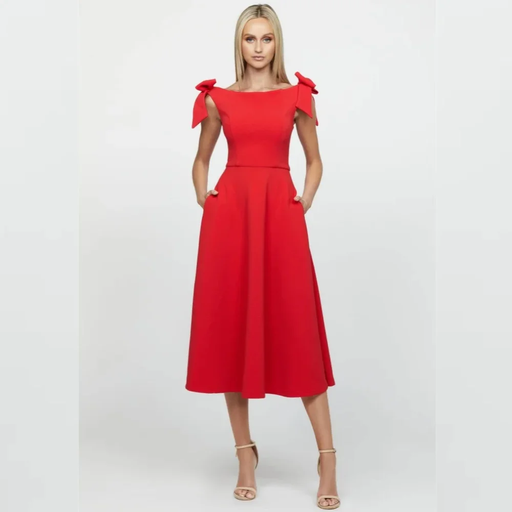 

Simple Long Boat Neck Red Spandex Evening Dresses Sleeveless A Line Tea Length Robes De Soirée Women Gowns