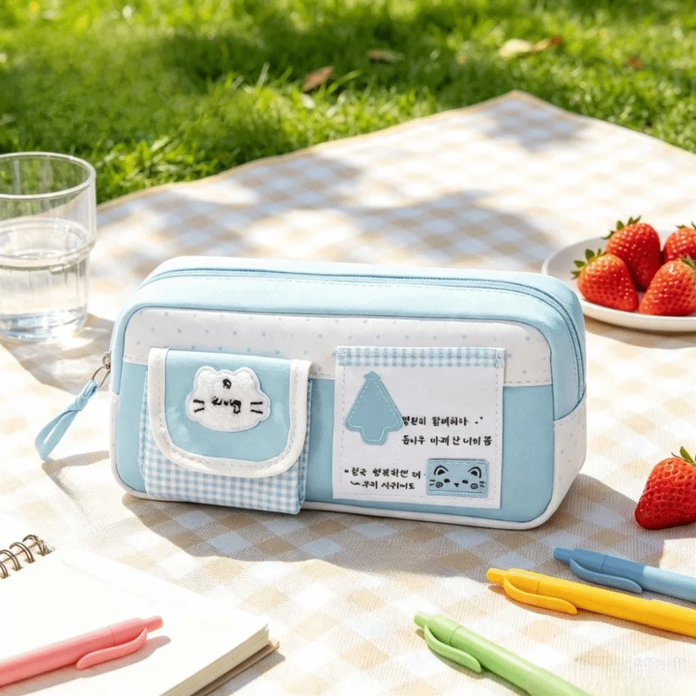 Durable Cartoon Print Pencil Case Large Capacity Clear Window Pencil Pouch Multi-Compartment Multi-Layer Stationery Bag Students
