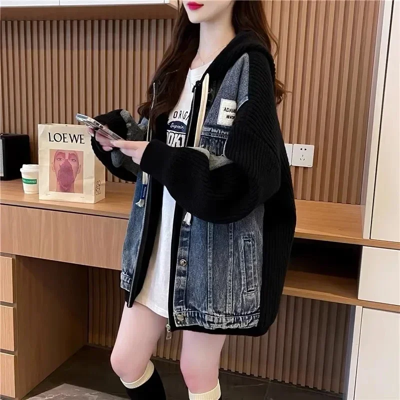 Knitted Cardigan Jacket Women Autumn Winter Korean Version  Fashion Cowboy Splicing Appear Thin Ladies Hooded Sweater Coat A590