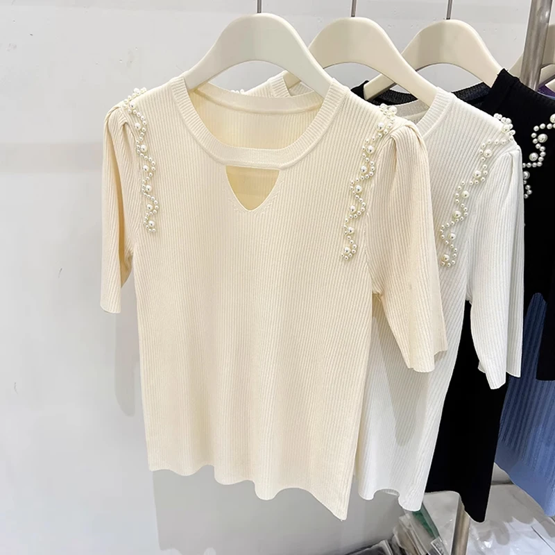 Summer Short Sleeve Knit Sweater Women Pullover Blusas Mujer De Moda 2024 Verano Beading O-Neck Knitted Women Sweater Tops G482