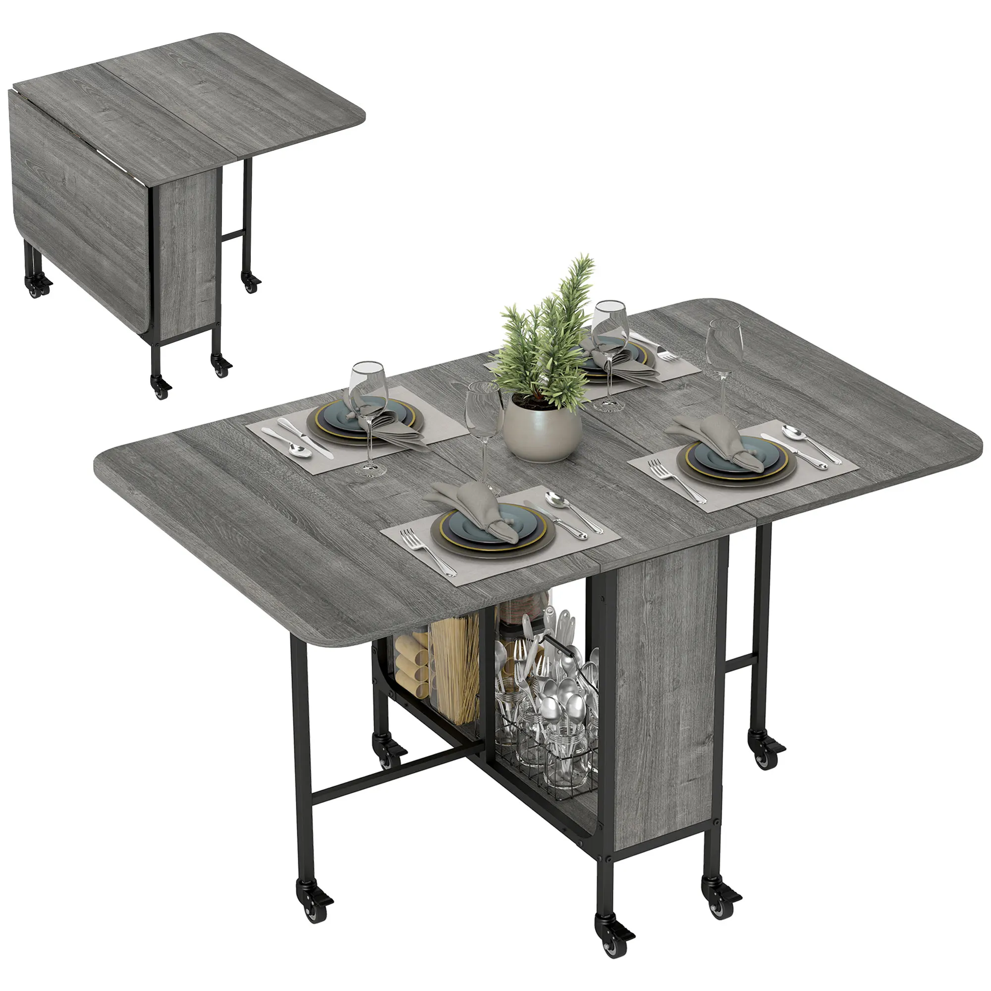 HOMCOM opklapbare eettafel op wielen, keukentafel voor 6 personen met 2 slachtafdekkingen en ingebouwde plank, voor kleine ruimtes, eetkamer, 130x80x74 cm, Grijs