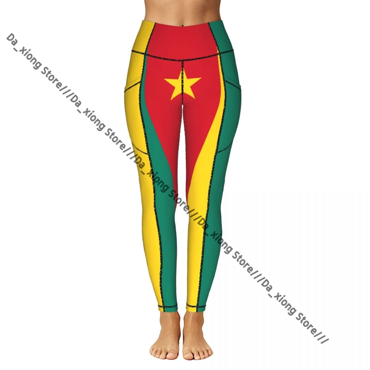 Ladies High Waist Yoga Leggings With Side Pockets Cameroon Flag Sports Running Pants