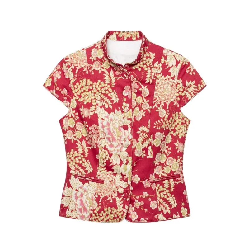 High-Collar Short Sleeve Woman Waistcoat Chic Female Tops Women's Stand Collar Slim‑Fit Floral Print Blouse