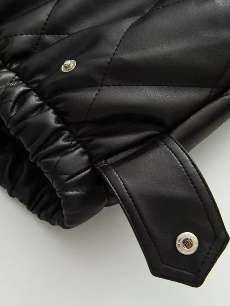 2025 Autumn Winter Women's Motor Warm Faux Leather Button Up Parkas Coats Female Street Quilted PU Padded Short Bomber Jackets