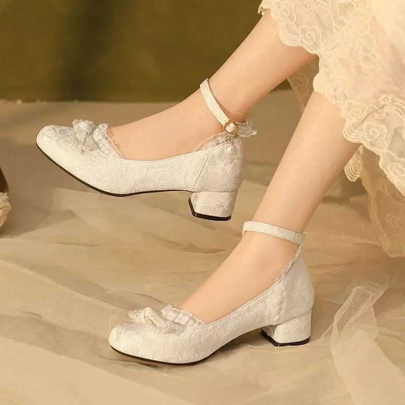 Women Floral Flock Leather Mary Janes Senior Ladies High Heels Elegant Party Shoes for Wedding Party Performance Dress Footwear