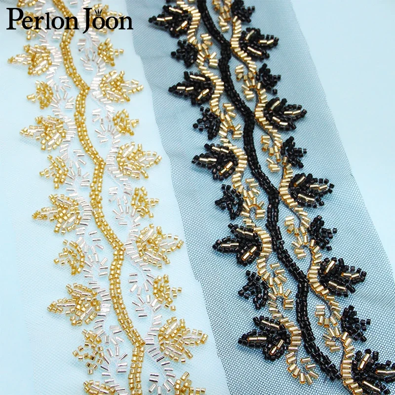 5 Yards Vintage Leaf Shape Black Gold Glass Beaded Imitation Handmade Mesh Lace Trim DIY Sew Decorated for Clothing Coat HB076