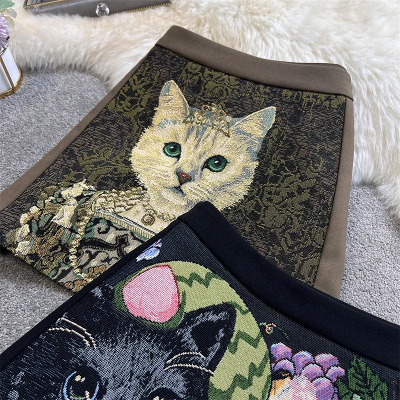 Korean 3D Animal Pattern Cartoon Cat Embroidery High Waist Skirt Fall and Winter Animal Pattern A-line Mini Skirts Women