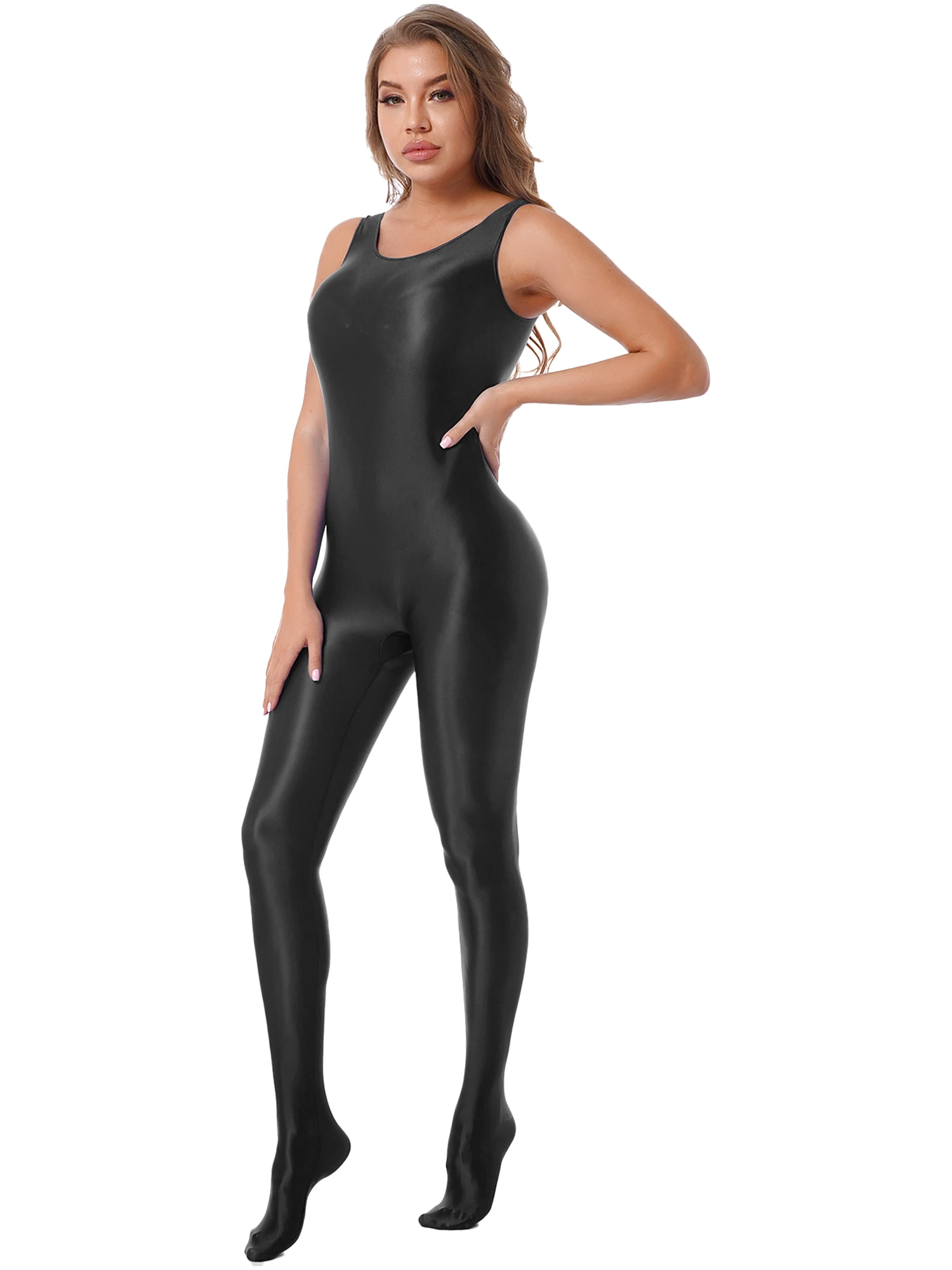 Damen-Badeanzug Zentai-Jumpsuit Lingerie Ganzkörper-Bodysuit Sport Fitness Footed Unitard Einfarbig Rundhals-Bodystocking – Detail 18