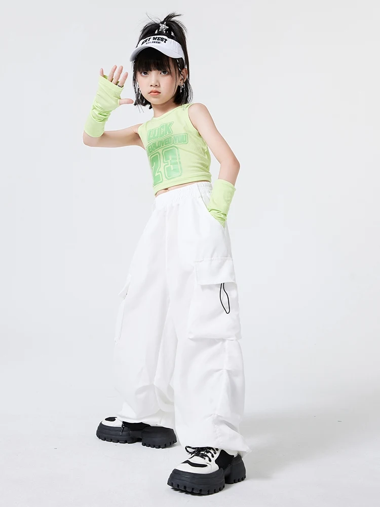 2024 Zomer Hiphop Meisjes Kleding Groen Vest Witte Cargobroek Kids Streetdance Practice Wear Modern Jazz Dance Kostuum Bl13317