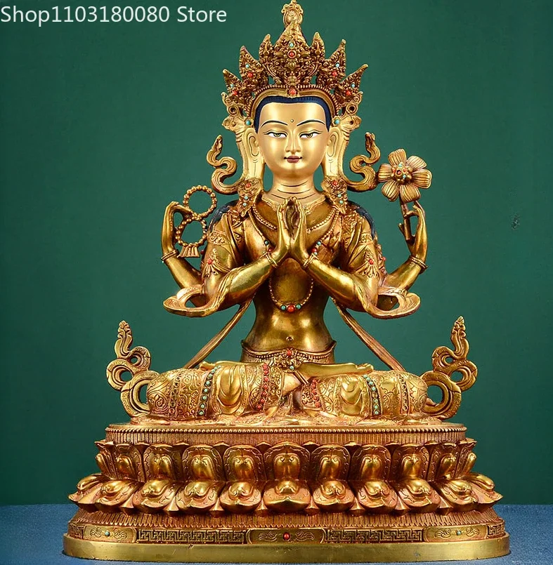 32cm Copper brass gilt carve Four-armed Guanyin buddha statue Tibet buddhism Tantric Kwan-yin Mercy goddess statue Large size