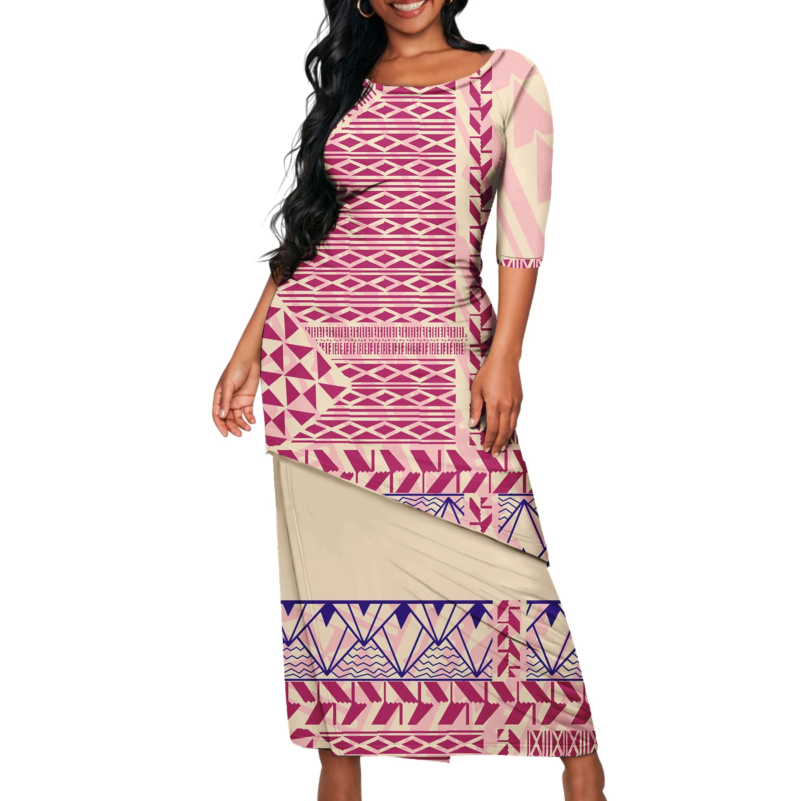 Saia de Terno Feminina Elegante com Design Exclusivo de Barra Inclinada para Baixo, Padrão Personalizado, Ajustada e de Camada Dupla, Estilo Puletasi Polinésio