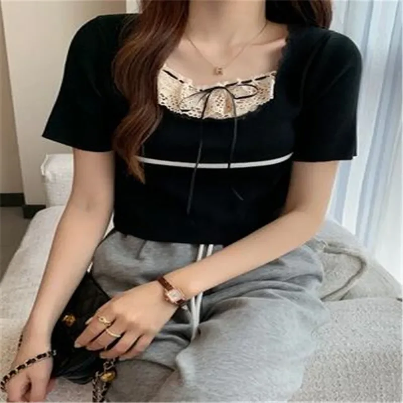 Lace Plaid Patchwork Top Vintage Goth Short Sleeve Basic Sweats Shirt Cute Chic Slim Clothes Women Sweet Casual Tee