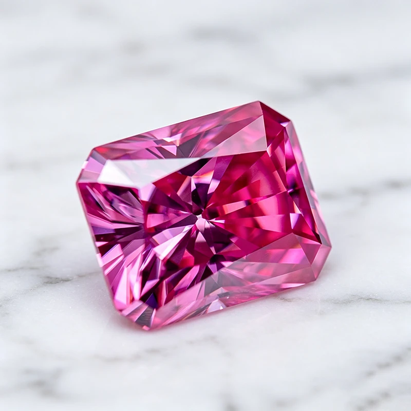 Moissanit-Stein im Radiant-Schliff, rosa Farbe, im Labor gezüchteter Edelstein für DIY-Anhänger und Schmuckherstellung, besteht den Diamanttester mit Zertifikat. – Detail 3